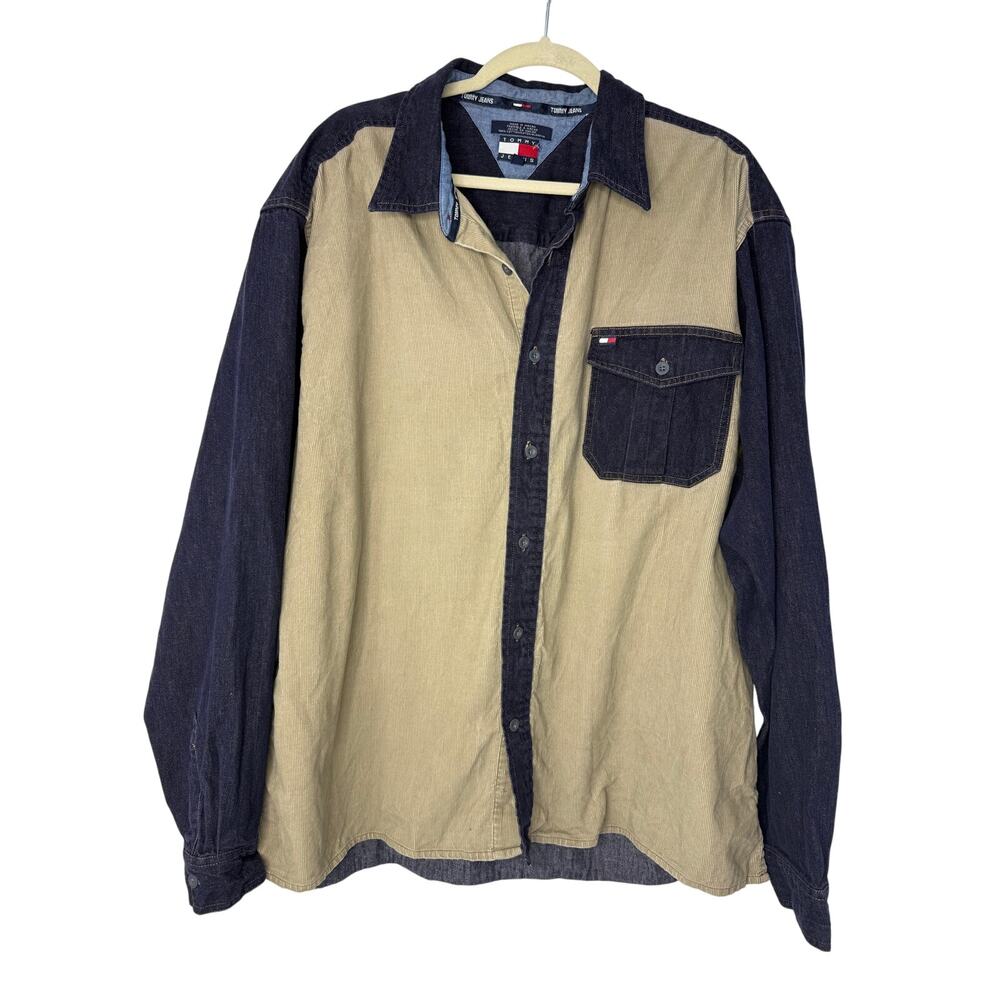 Vintage Tommy Jeans XXL Two Tone Denim Corduroy Shirt Colorblock Y2K Workwear